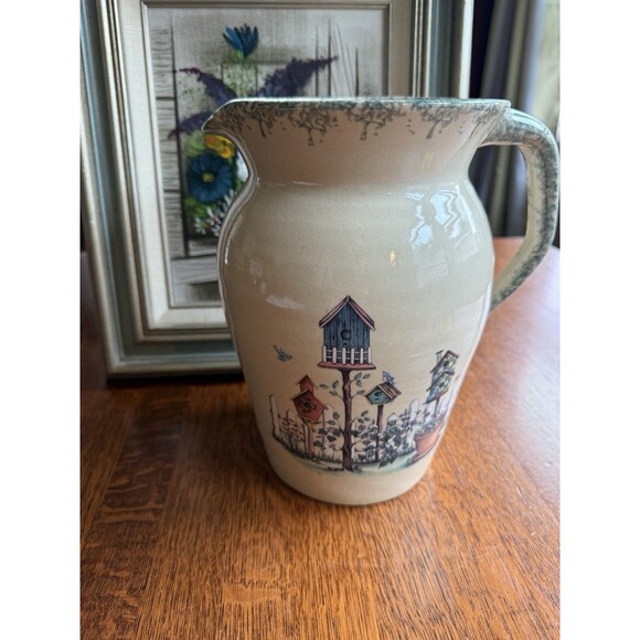 VTG Signed Stoneware 9.25" Pitcher Marshall Pottery Texas Bluebird Houses Sponge - Picture 1 of 10